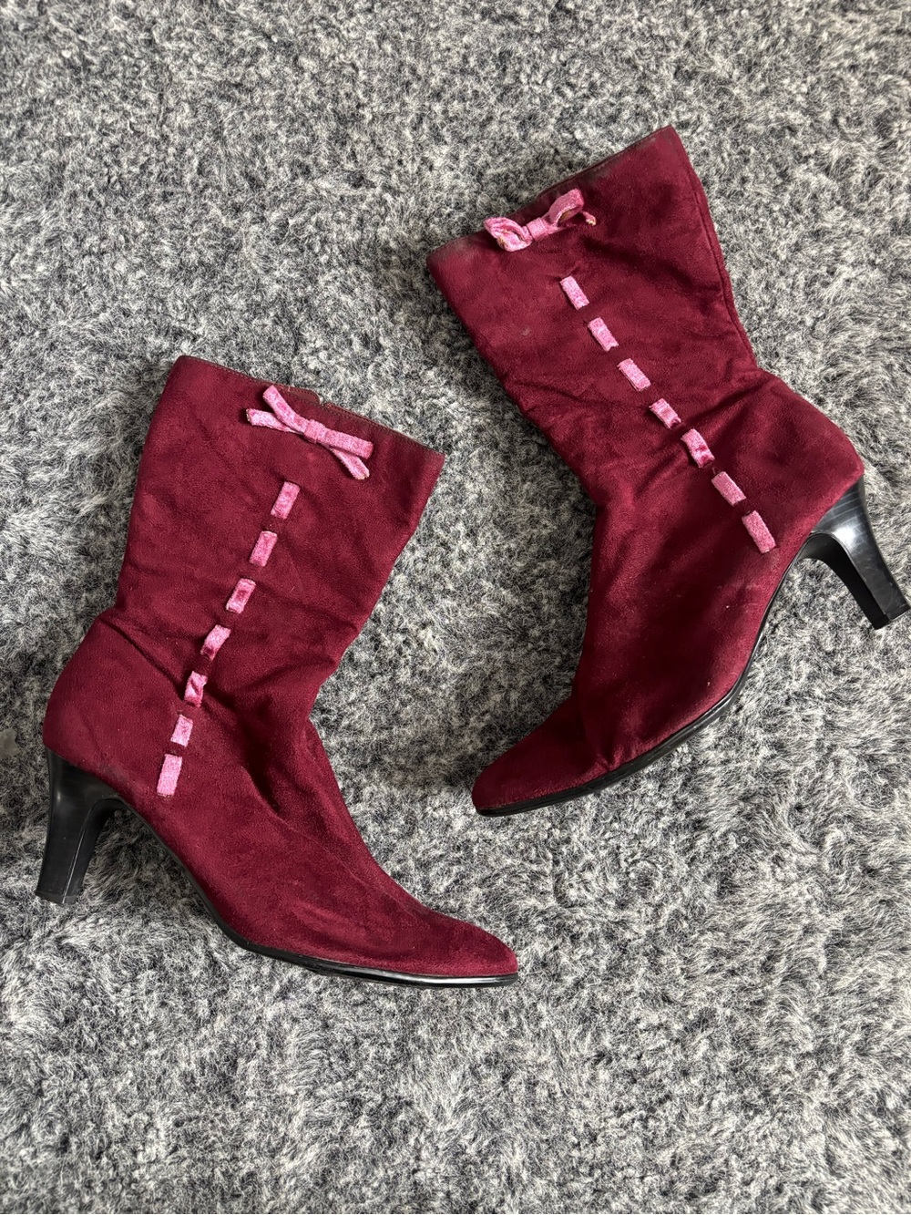 Vintage Predictions Burgundy Suede Mid-Calf Heel Boots with Pink Ribbon Accents